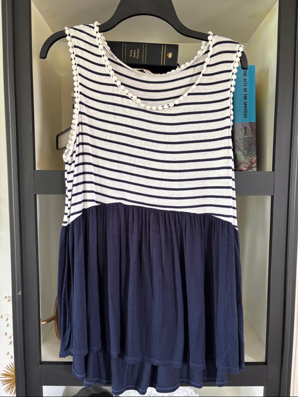 ANDREE BY UNIT Navy & White Striped Pom-Trim Sleeveless Dress